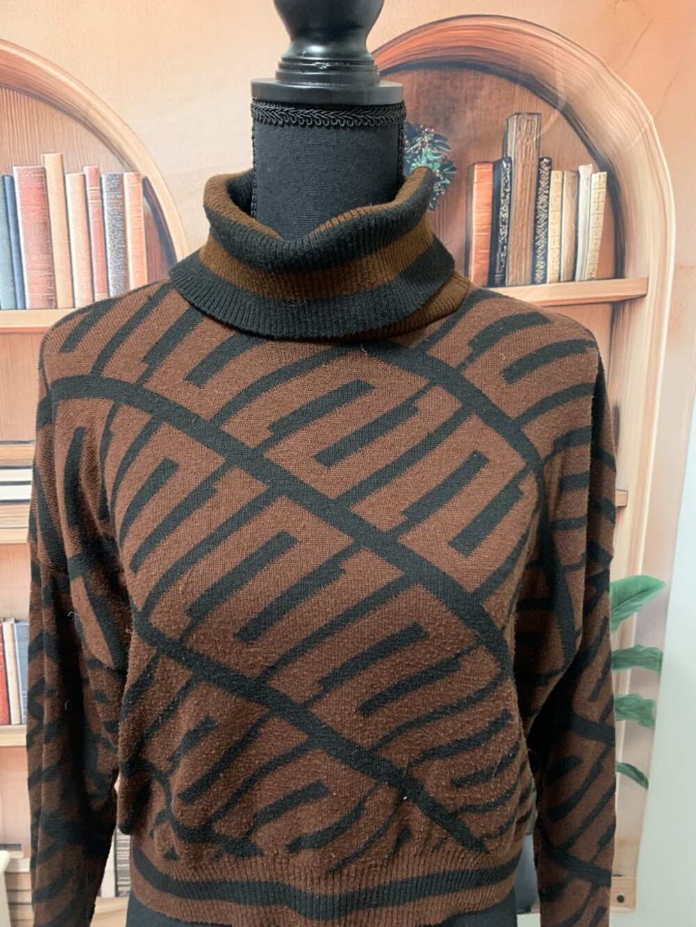 Brown and Black Cropped Long Sleeve Turtle Neck Sweater